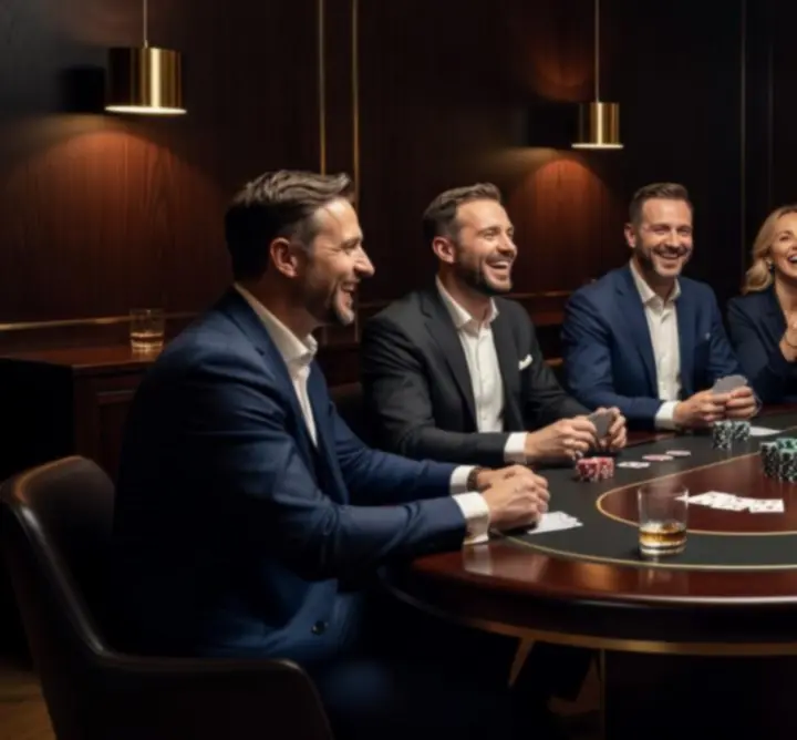 Zespół firmowy przy stole pokerowym podczas integracji