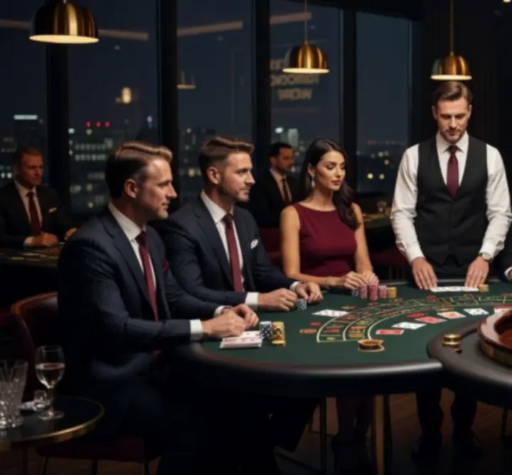 Elegancki firmowy event casino z ruletką i blackjackiem