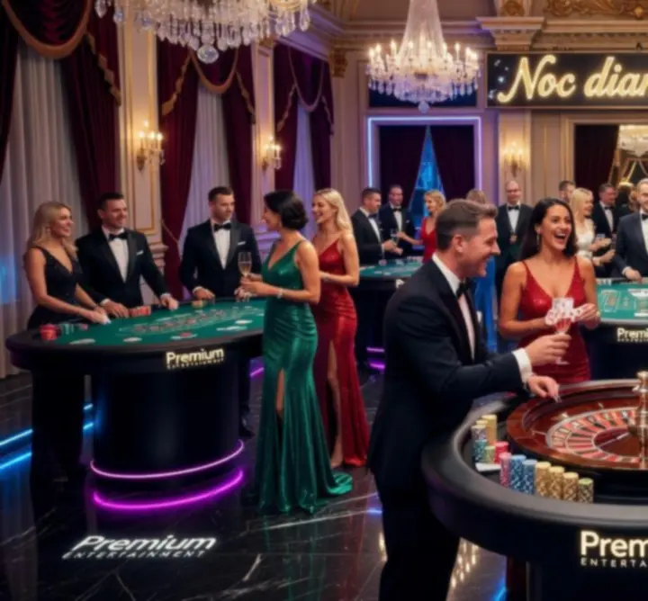 Glamour casino event z eleganckimi gośćmi i oświetleniem klubowym