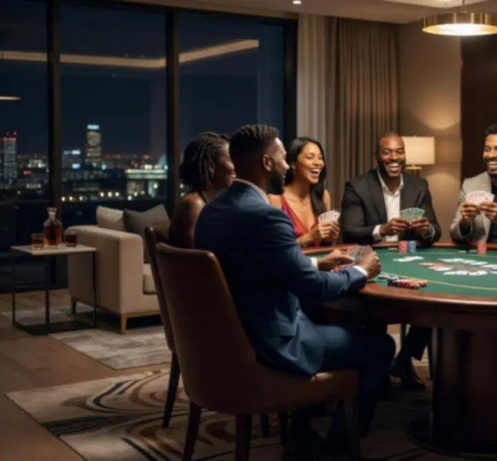 Wieczór pokerowy w domu z przyjaciółmi przy eleganckim stole